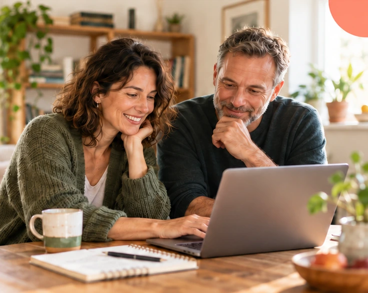 Two adults exploring ideas together on a laptop at home
